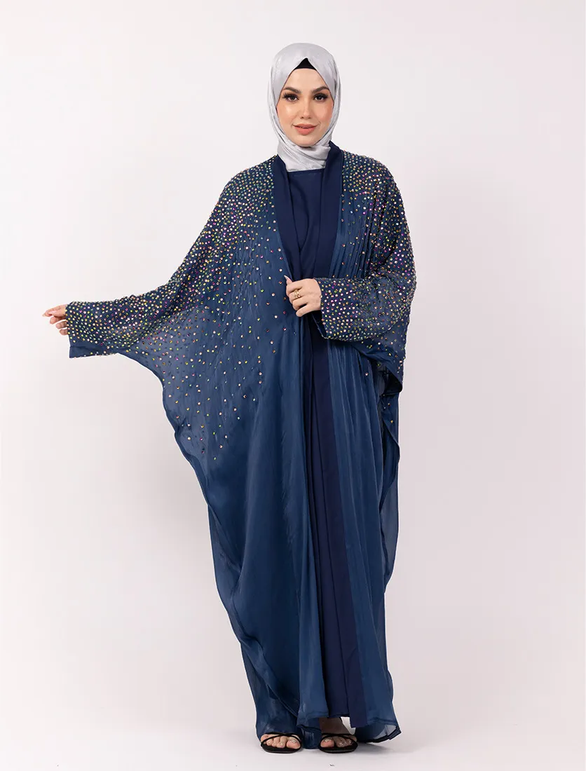 Navy Multi Crystal Embellished Sheer Overlay Abaya